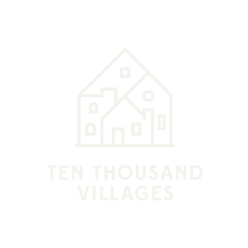 Logo of Ten Thousand Villages featuring a white house outline with geometric patterns and the text 'TEN THOUSAND VILLAGES' underneath.
