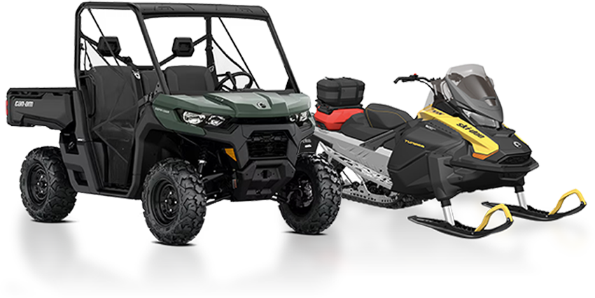 A green Utility Terrain Vehicle (UTV) and a black and yellow Ski-Doo snowmobile parked side by side.