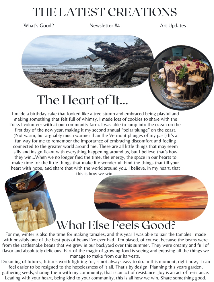 photos:top center large driftwood roots on a foggy beach, top R cake decorated like a tree stump,bottomL tamales and beans, bottomR dramatic sunset over a still ocean bay