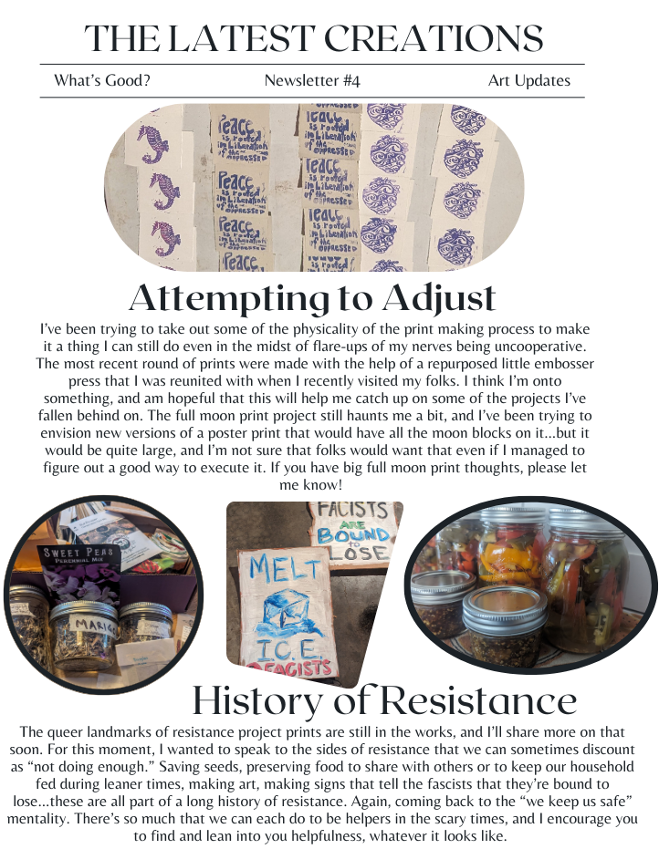 center photo:stacks of woodblock prints in purple inks, Bottom photos LtoR of collected seeds, protest signs, glass jars of preserved foods