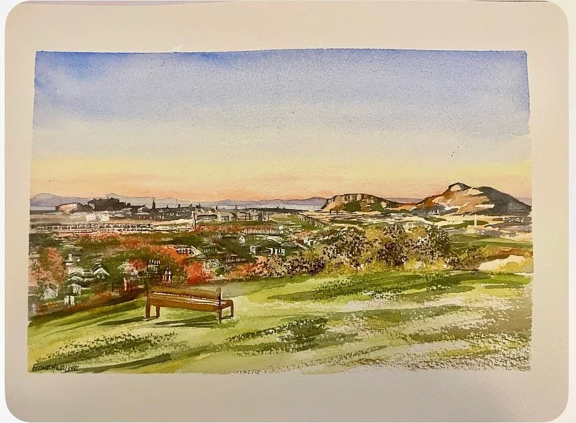 A commission from a lovely client who found me on the EGG group in Edinburgh of Blackford Hill for her friends&rsquo; wedding. The original photo didn&rsquo;t have a bench and she asked me to add it in as an extra feature. I love doing a landscape wi