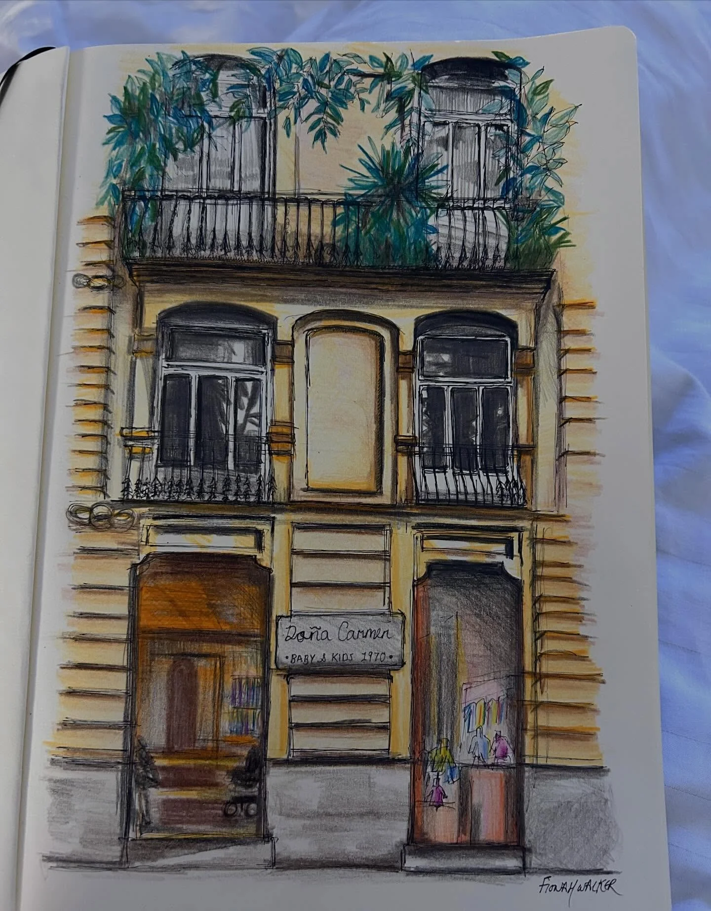 We walked by this lovely @donacarmenbebes shop front in Valencia and I adored using my oil based colouring pencils to colour my black pen illustration. This will be a prompt for next week&rsquo;s Create &amp; Connect classes too. #art #artist #scotti