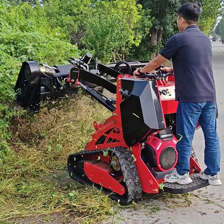 Person operating a red tracked mower cutting vegetation next to a road and greenery.