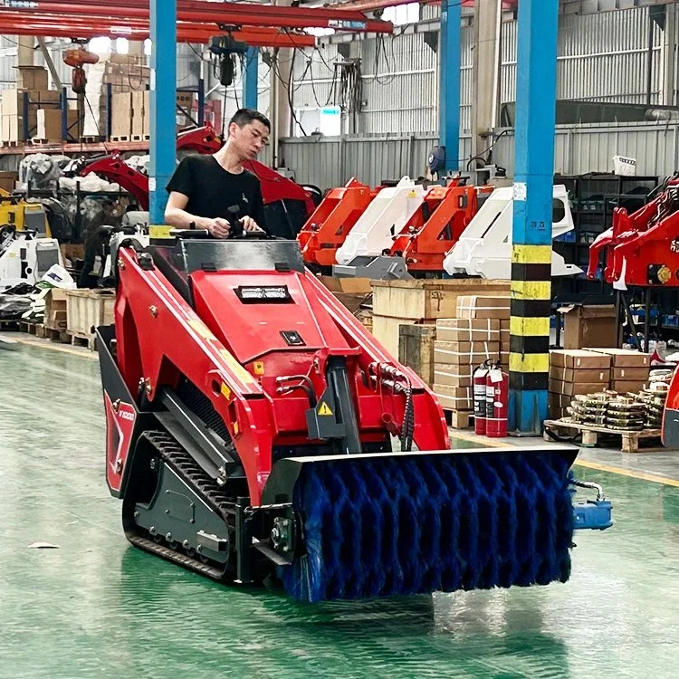 Person operating a red industrial floor cleaning machine in a warehouse.