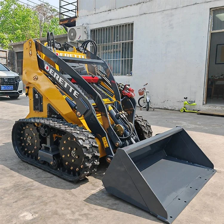 Compact track loader with front bucket attachment in an outdoor setting