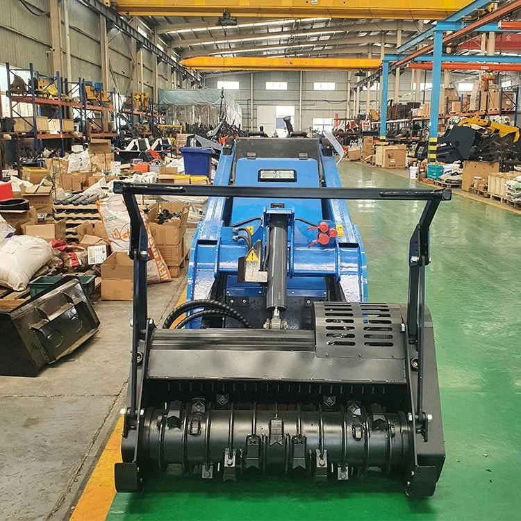 Factory interior with hydraulic blue machinery surrounded by boxes and equipment.