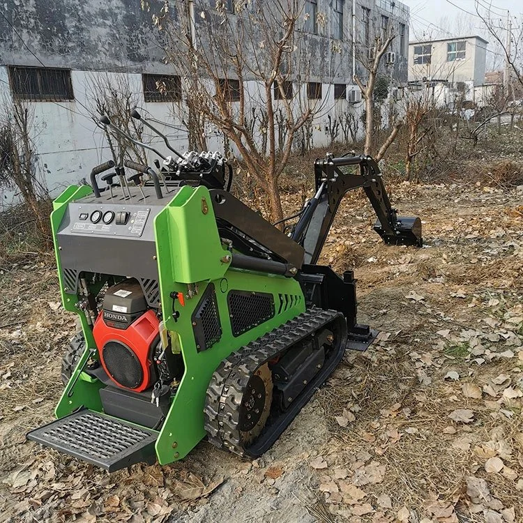 Compact green mini excavator with tracks on a dirt surface.