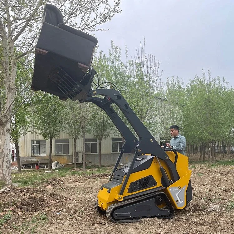 Man operating a yellow skid steer loader with elevated bucket on a construction site.