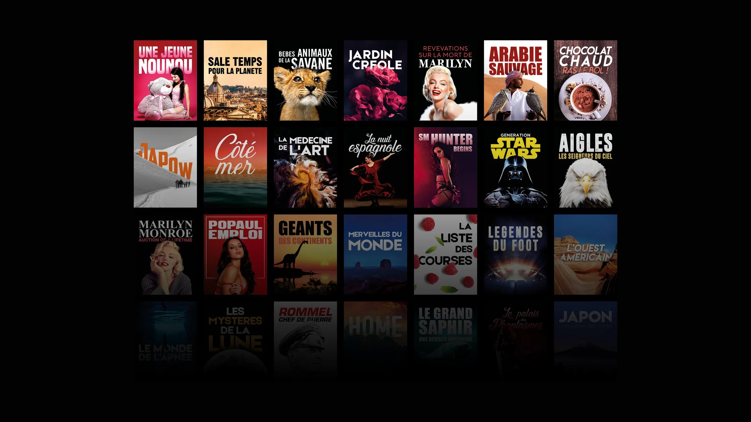 Mosaïque de vignettes de programmes TV aux univers graphiques variés, associant photographie, typographie et compositions visuelles pour une plateforme audiovisuelle.