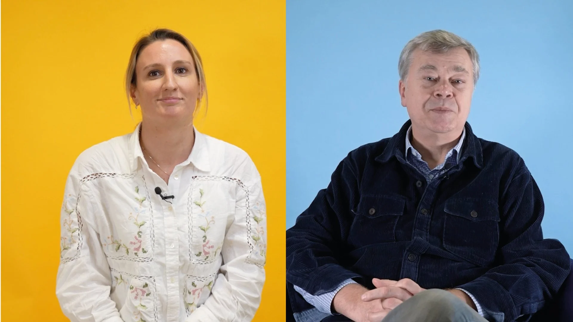 Deux portraits de collaborateurs sur fonds jaune et bleu, extraits de vidéos réalisées pour la communication interne d’entreprise.