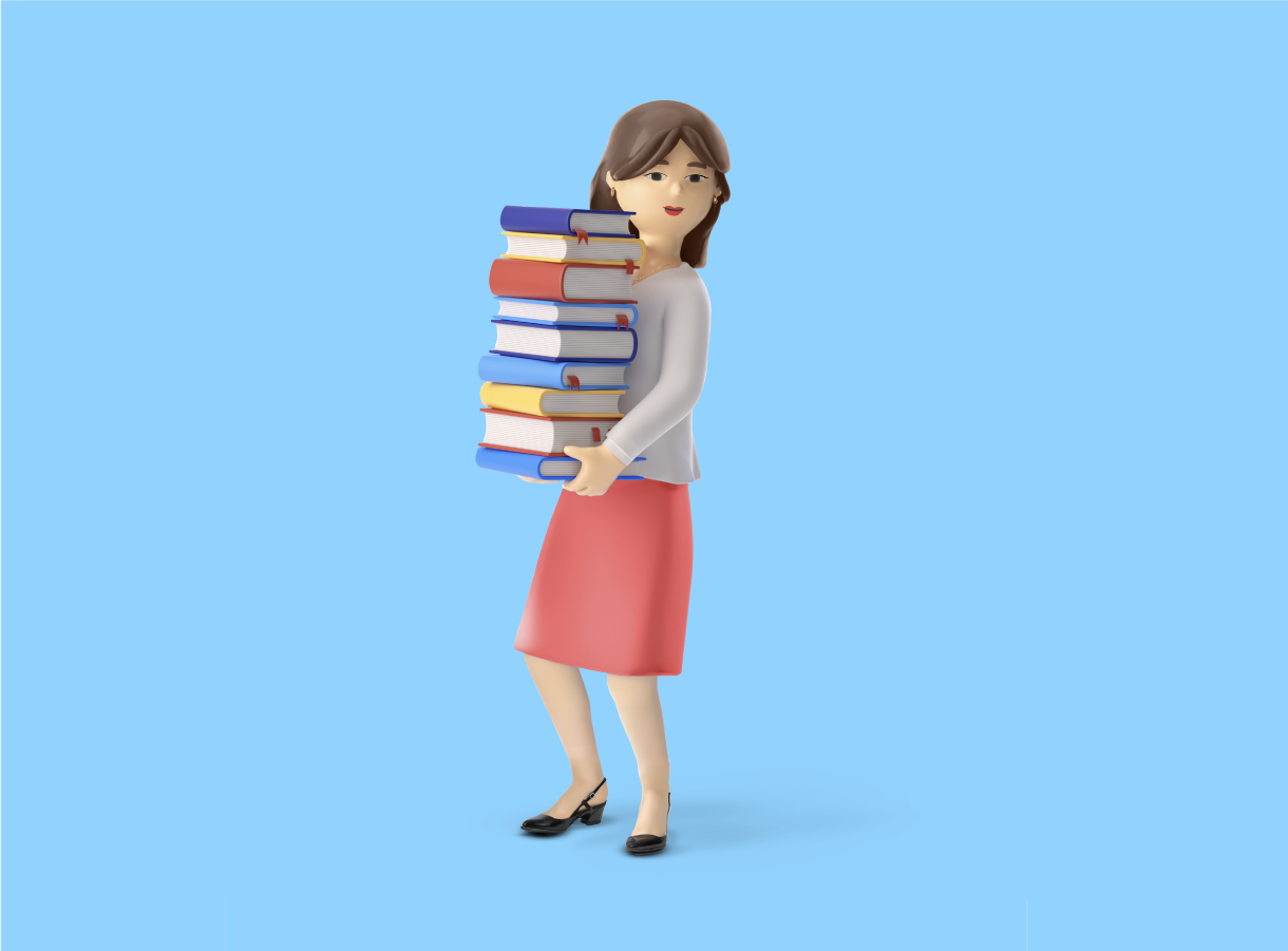 Personnage féminin modélisé en 3D, portant une pile de livres, vêtu d'une jupe rose et d'un haut gris sur un fond bleu clair.