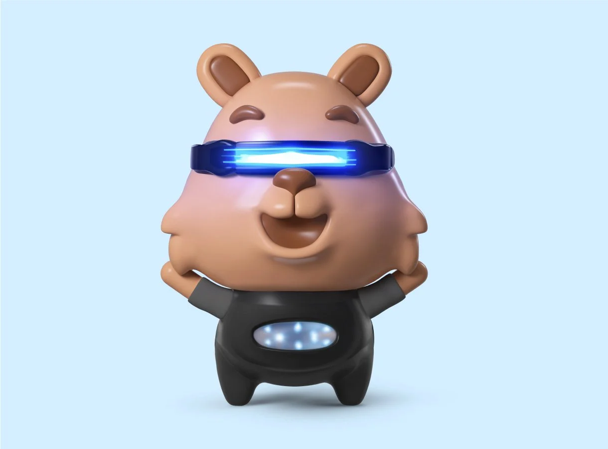 Mascotte Kamee en 3D, représentant un petit personnage beige aux oreilles arrondies, portant une combinaison noire et des lunettes futuristes lumineuses bleues.