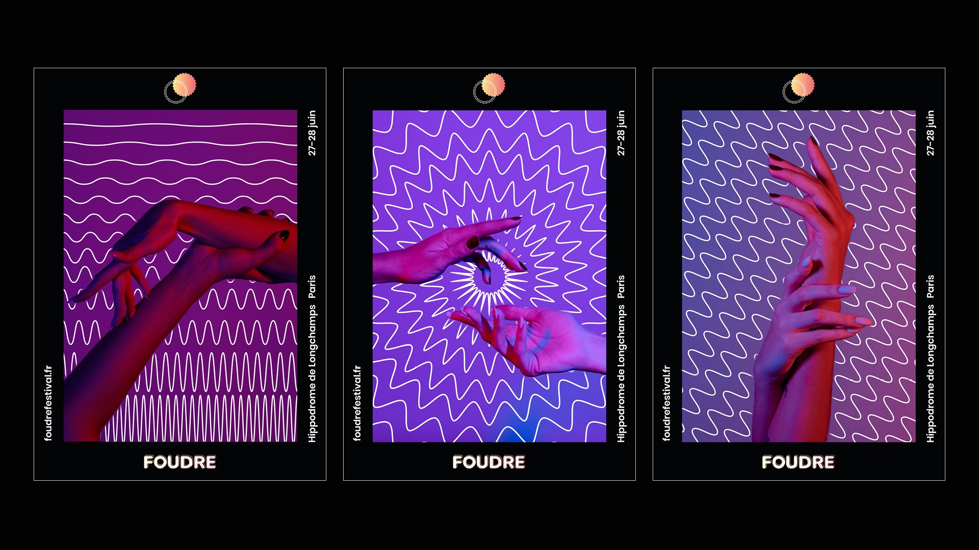 Série de trois affiches pour Foudre Festival, mêlant photographie artistique de mains, couleurs violettes et roses et motifs graphiques ondulés.