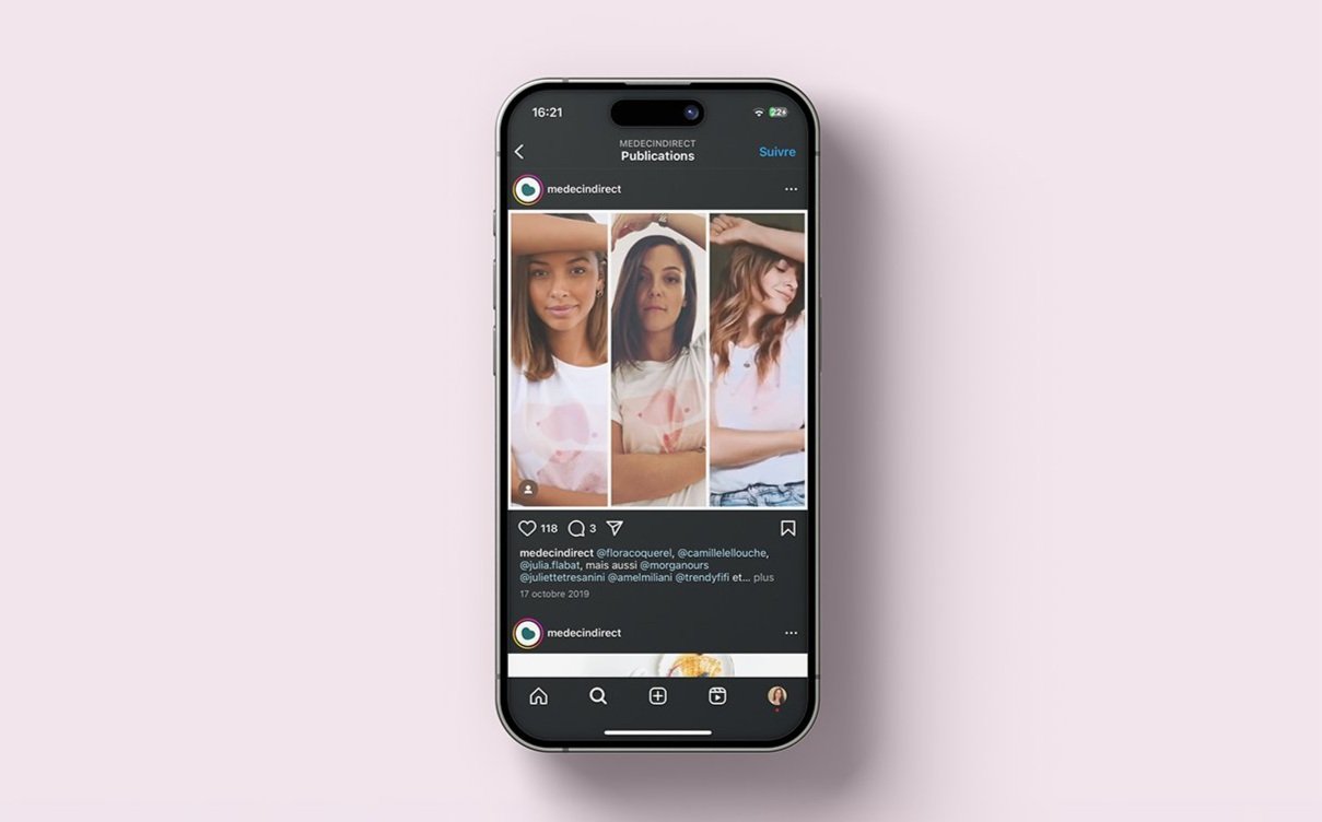 Campagne de communication digitale pour Médecindirect, présentée sur un smartphone avec un aperçu des publications Instagram.