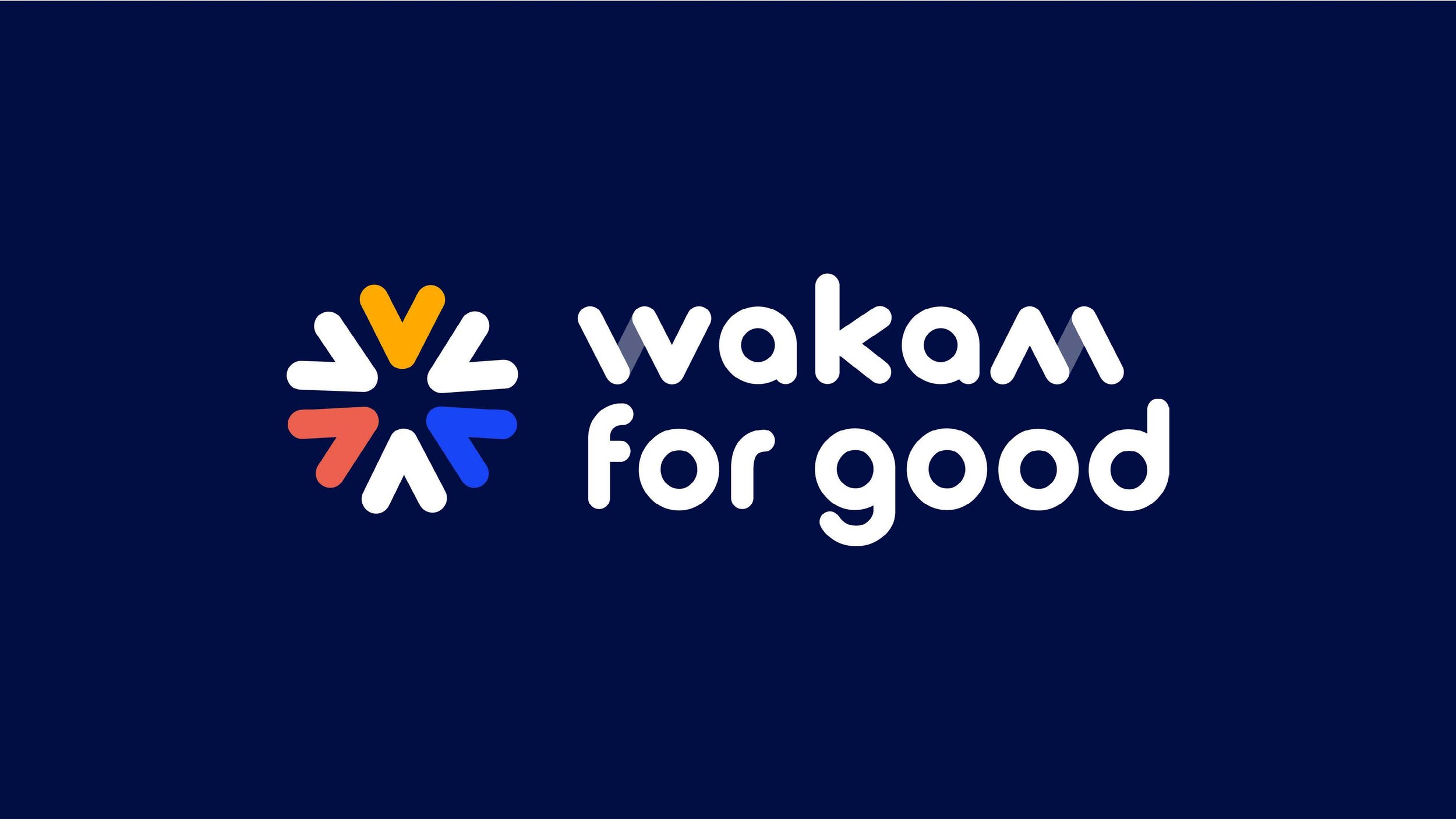 Logo Wakam for Good sur fond bleu marine, composé d'un symbole multicolore en forme d'étoile et d'une typographie blanche aux formes arrondies.