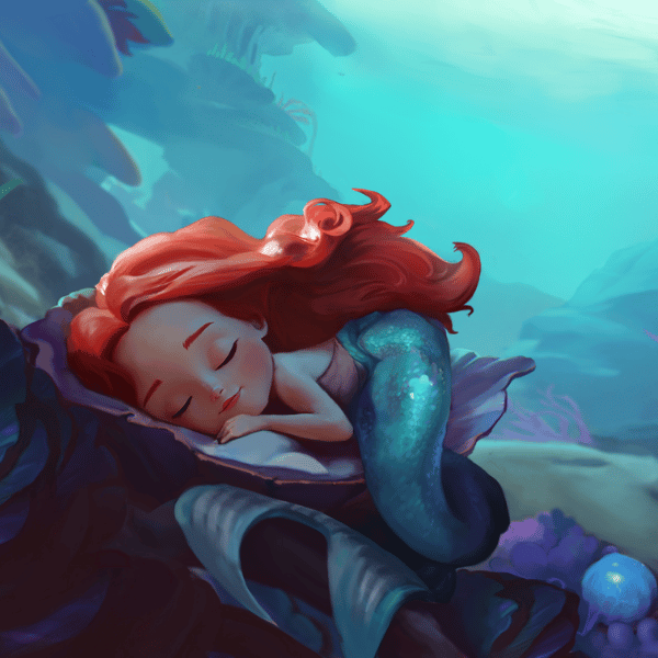 The Little Mermaid audio bedtime story cover where tired Little Mermaid has fallen asleep.