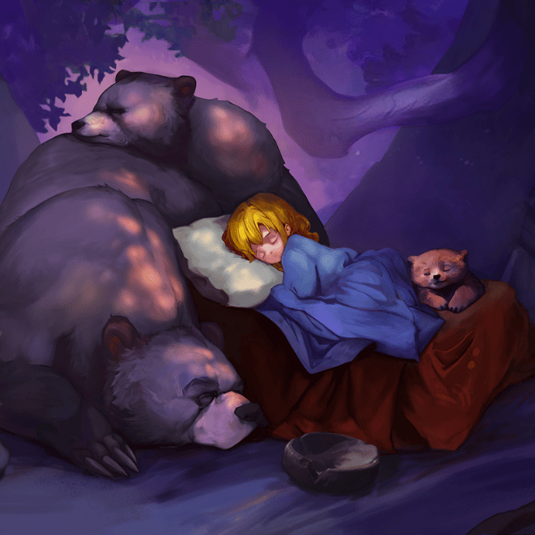 Goldilocks and the Three Bears sleep story cover where Goldilocks is snuggled beside three bears.