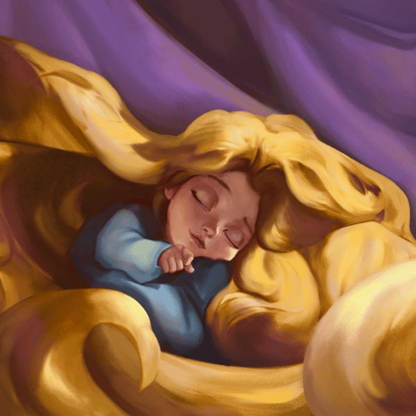 A fairytale character Rapunzel sleeping soundly.