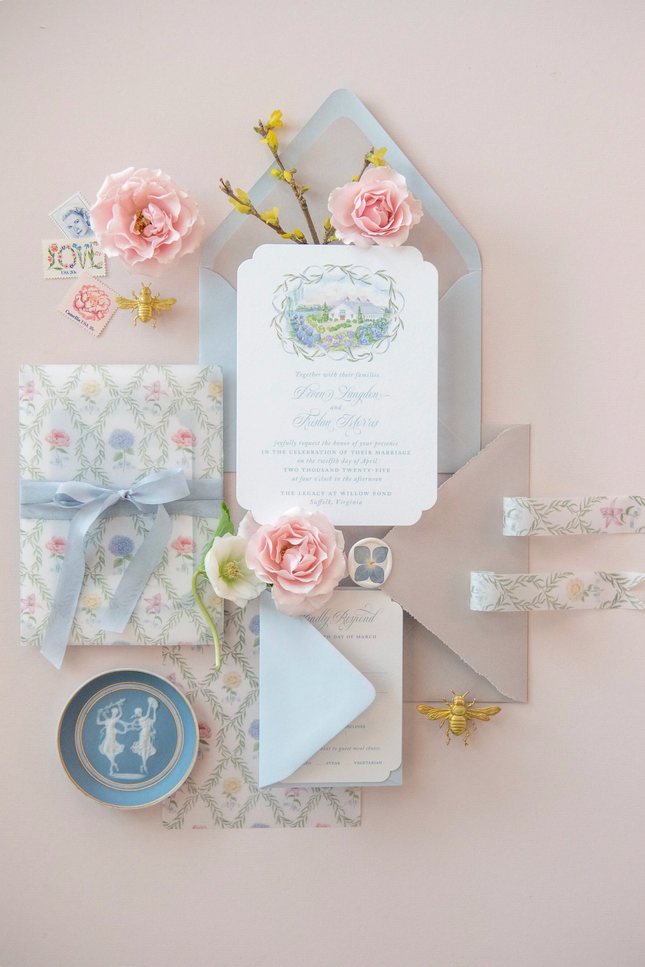 invitation suite flat lay, with custom venue painting and vellum wrap, willow tree, watercolor pattern