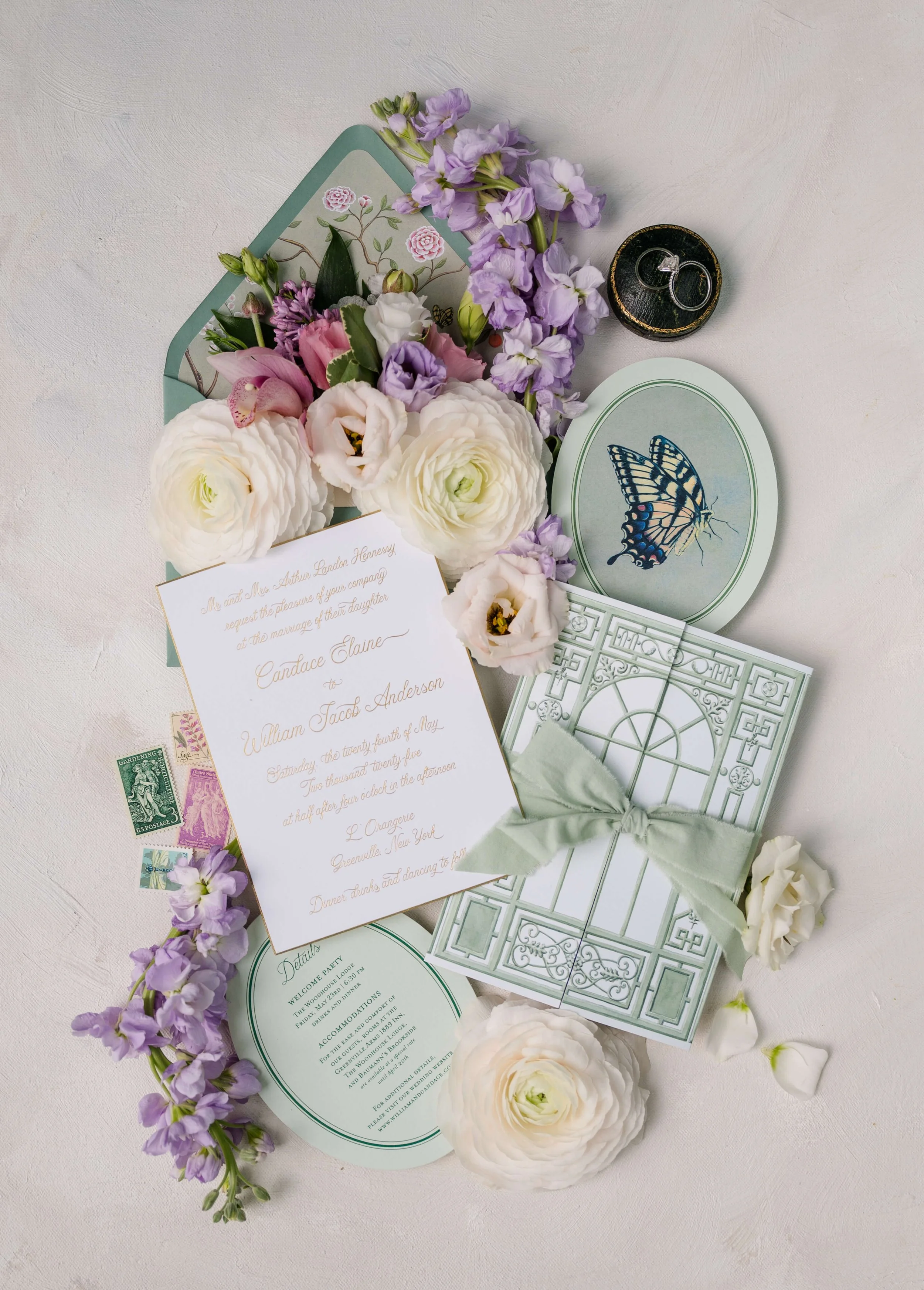 invitation suite flat lay, greenhouse wedding, chinoiserie, custom design