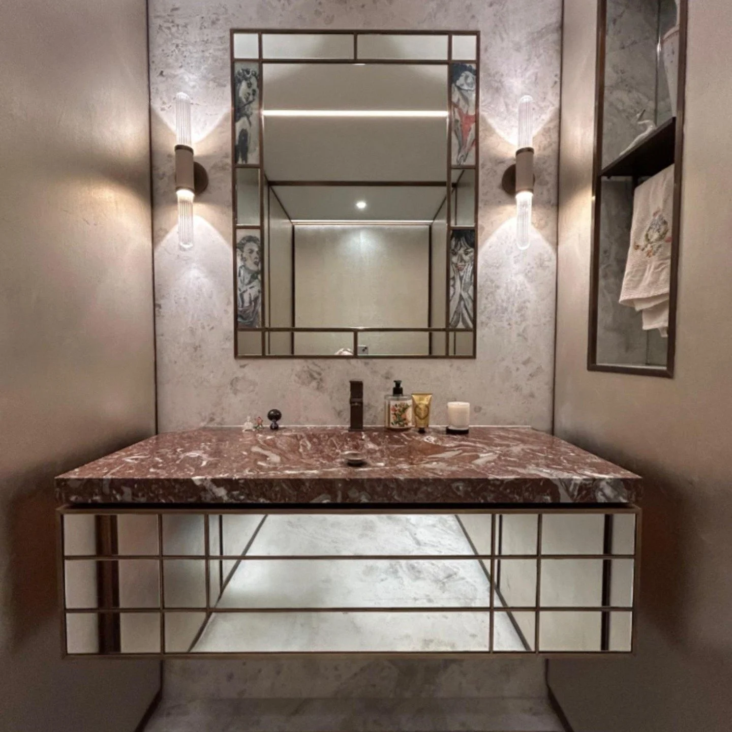 A bit of Hollywood glamour in our Castlecrag powder room, repurposing existing stone basin &amp; client's nephew's artwork panels... it starts with a sketch