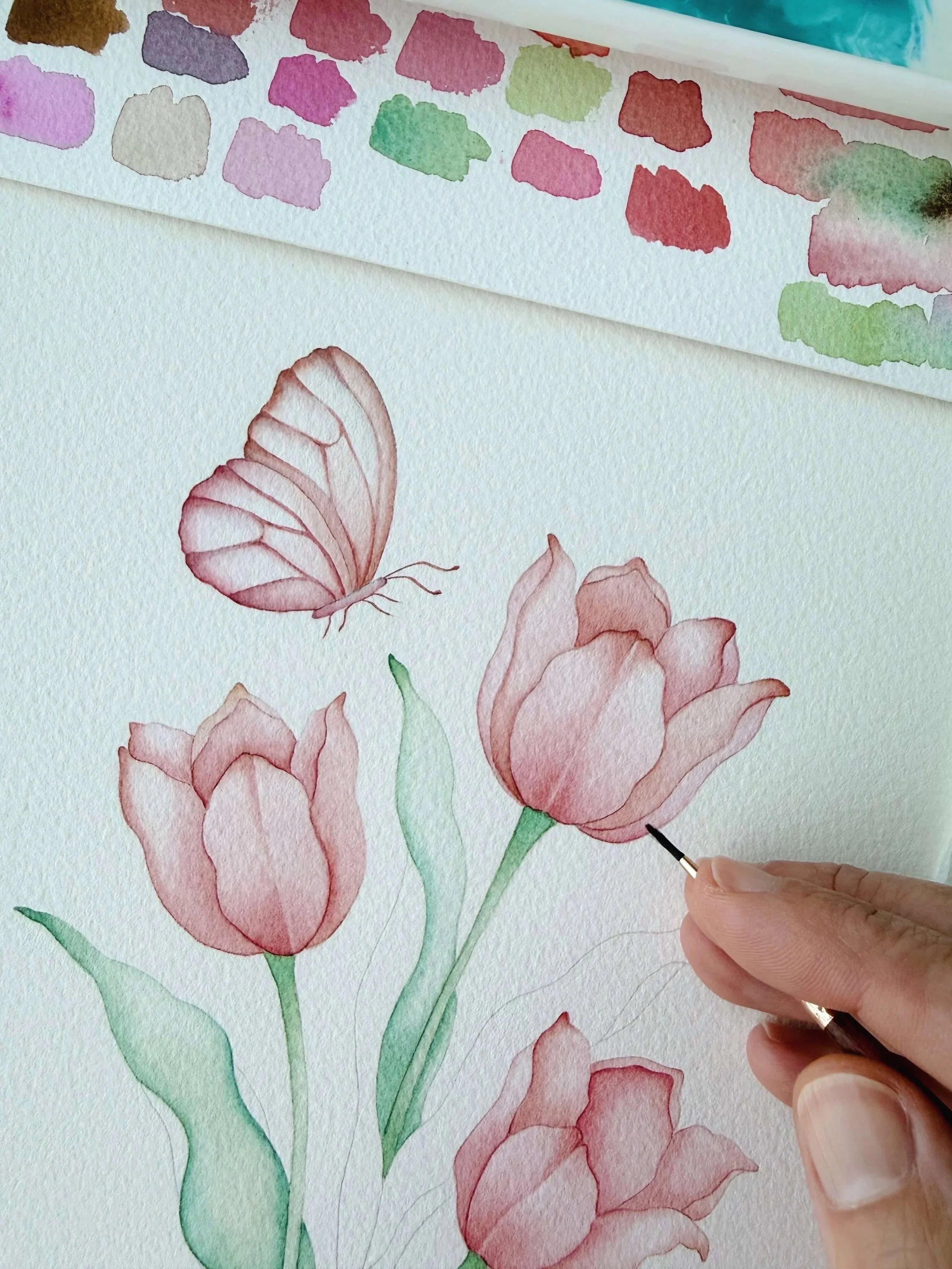 Alma Colours Art - Tulips watercolour painting in progress
