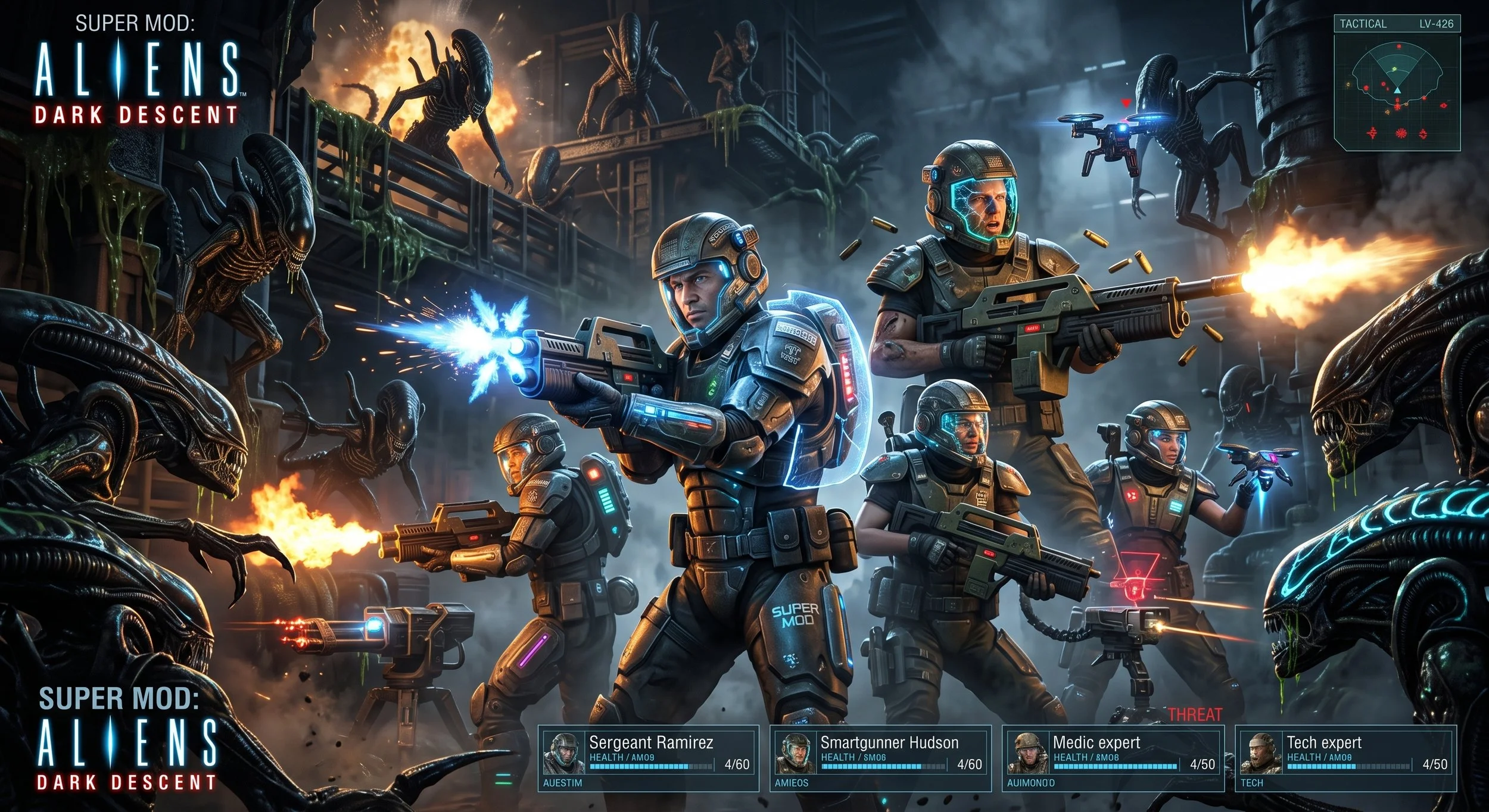 Futuristic soldiers in armor firing weapons at alien creatures in a sci-fi setting from the game Alien: Dark Descent.