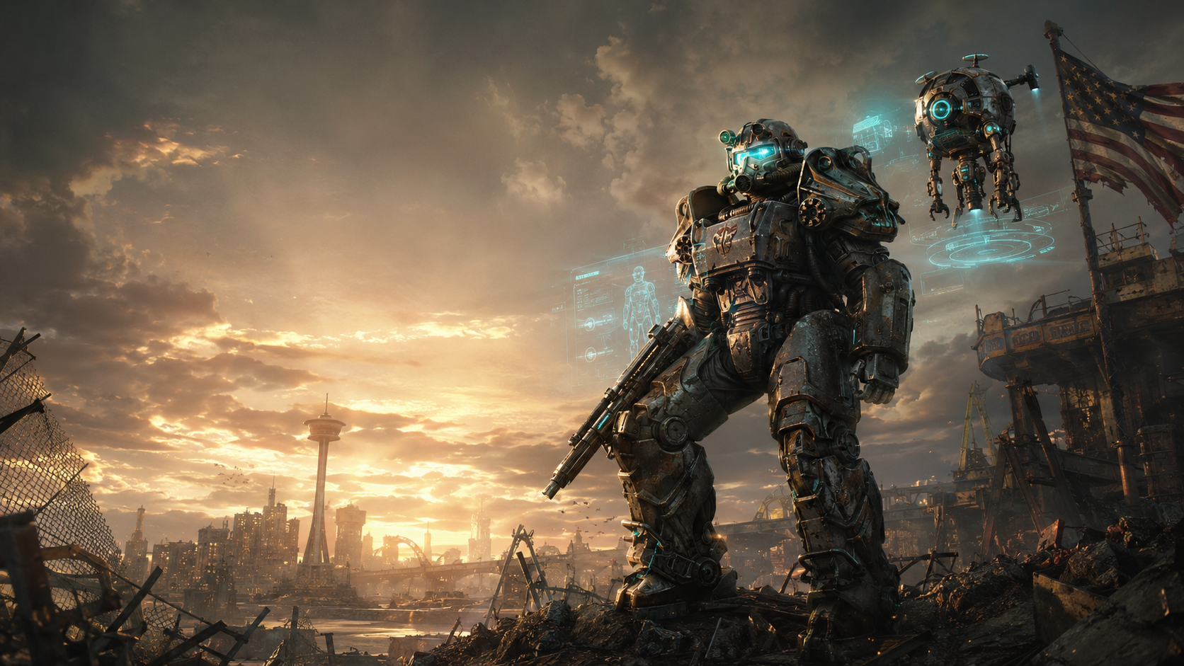 A T-60 Power Armored survivor standing amidst a destroyed cityscape at sunset, with a flying robot and holographic displays in the background, and an American flag on the right.