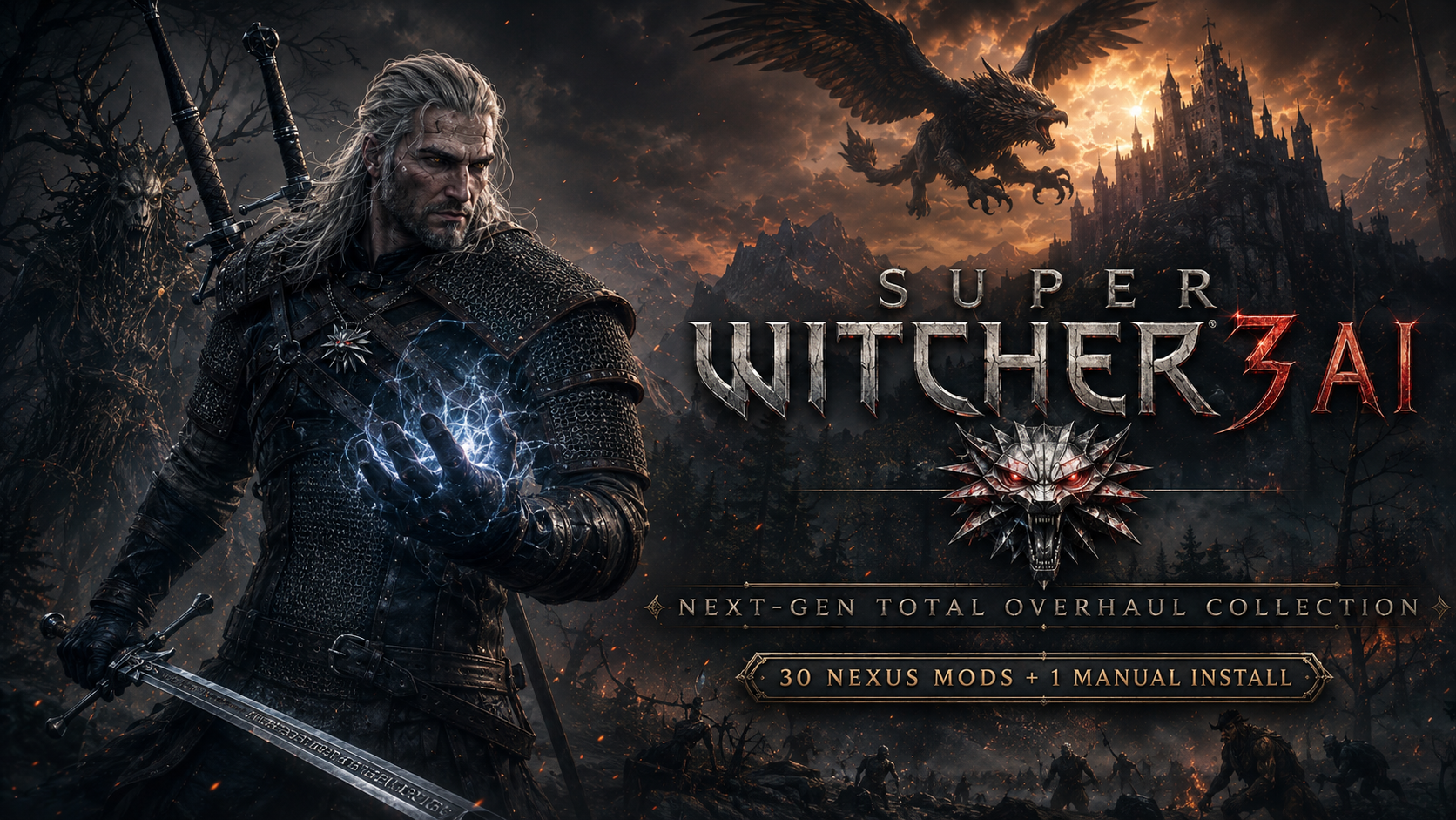 Dark fantasy cover art for the game 'Super Witcher 3 AI,' featuring a stern man with long gray hair and armor, holding a sword, a dragon flying in the fiery sky, and a monstrous creature in the background. Text mentions a total overhaul collection with 30 Nexus mods and one manual install.