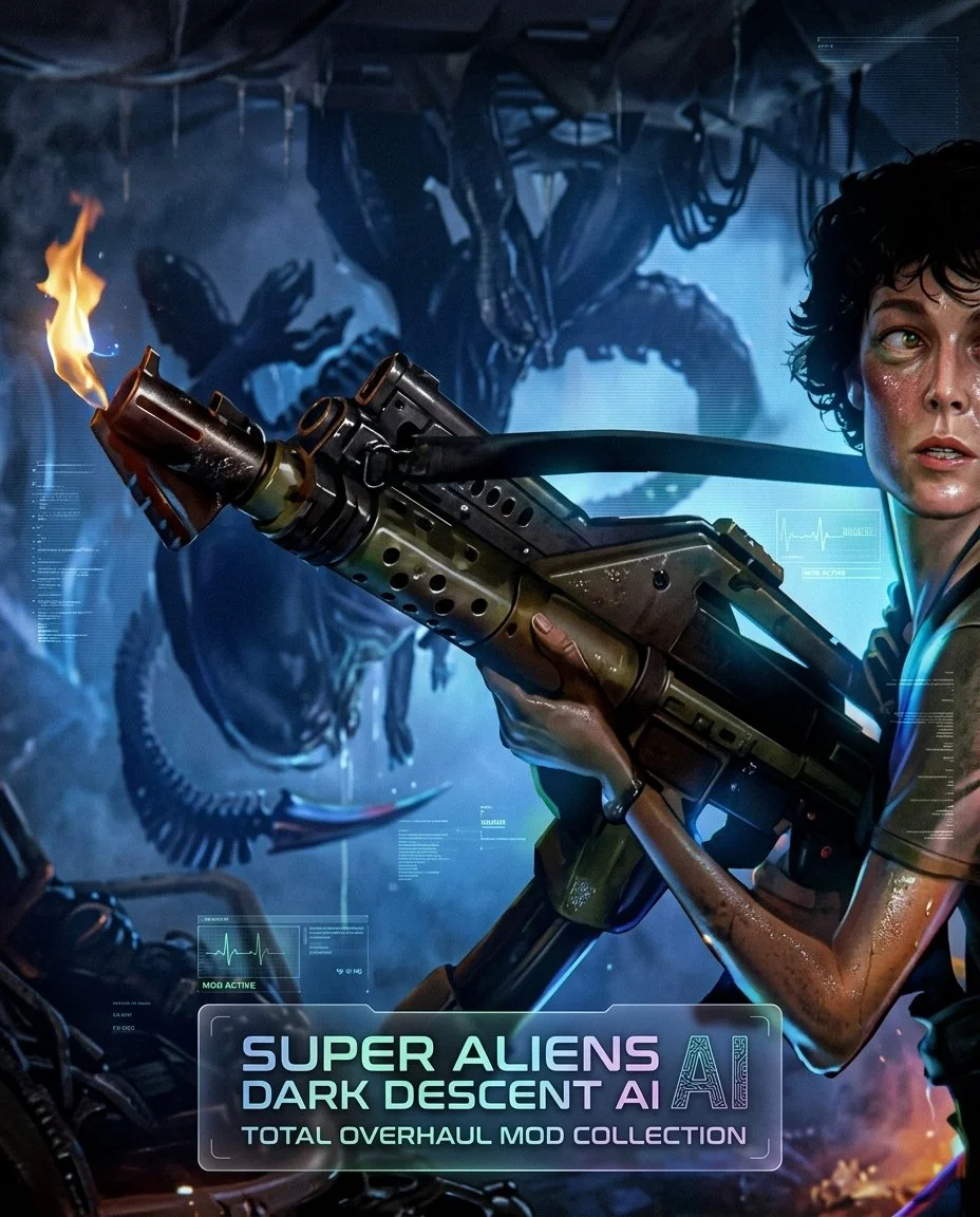 A sci-fi digital illustration featuring a woman with short curly hair, holding a futuristic gun with a small fire at the barrel. Behind her, a dark alien creature with mechanical elements is visible. The scene includes glowing digital interfaces and text that reads 'SUPER ALIENS DARK DESCENT AI TOTAL OVERHAUL MOD COLLECTION'.