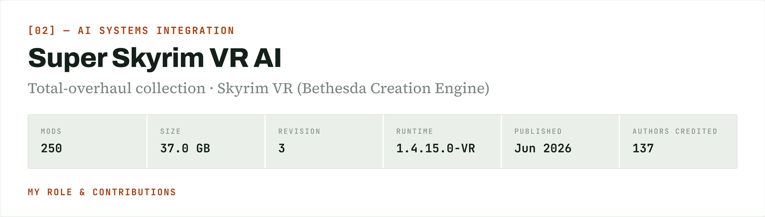 Screenshot of a webpage about Super Skyrim VR AI, showing details like mod count, size, revision, runtime, published date, and authors credited.