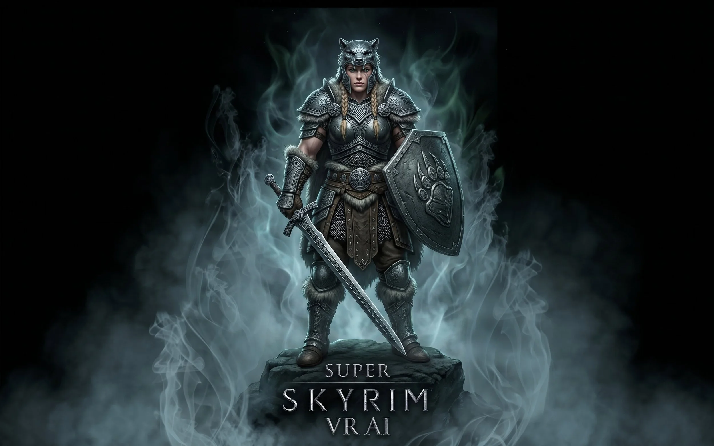 A female warrior character dressed in Nordic armor, wearing a wolf headdress, holding a shield with a paw print and a sword, standing on a rock with wisps of smoke or mist surrounding her, against a dark background with ethereal greenish flames. The text 'Super Skyrim VR AI' is at the bottom.