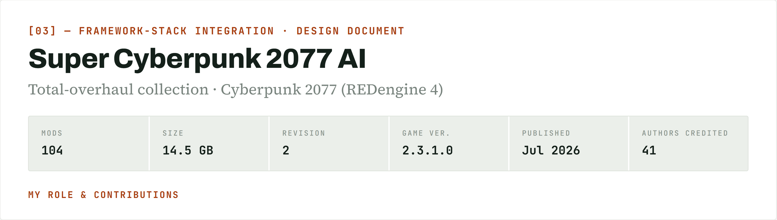 Screenshot of a document titled 'Super Cyberpunk 2077 AI,' with details about mods, size, revision, game version, published date, and authors credited.
