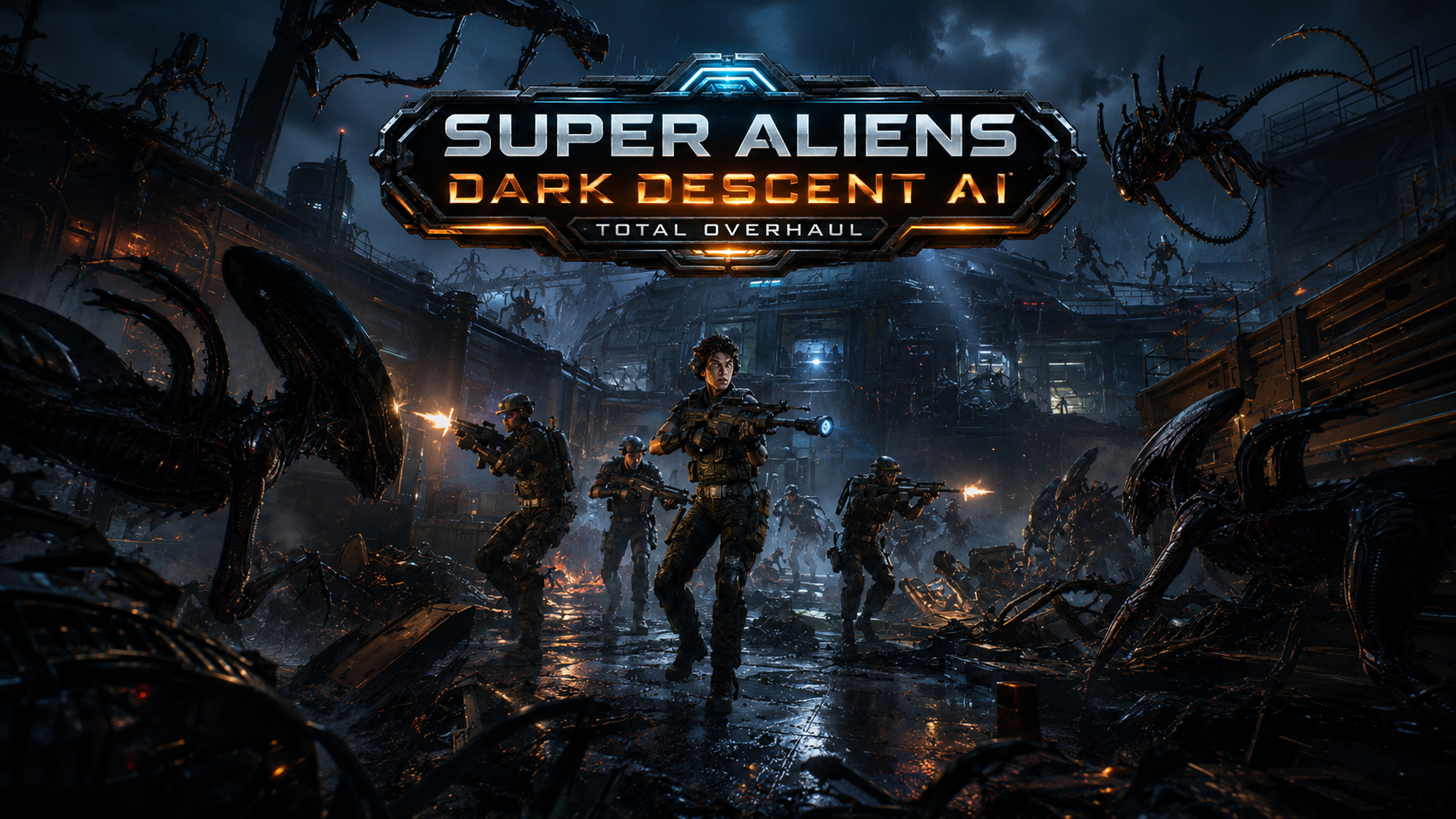 Promotional image for the video game 'Super Aliens Dark Descent AI', showing soldiers in combat amid alien creatures and a dark, futuristic environment.