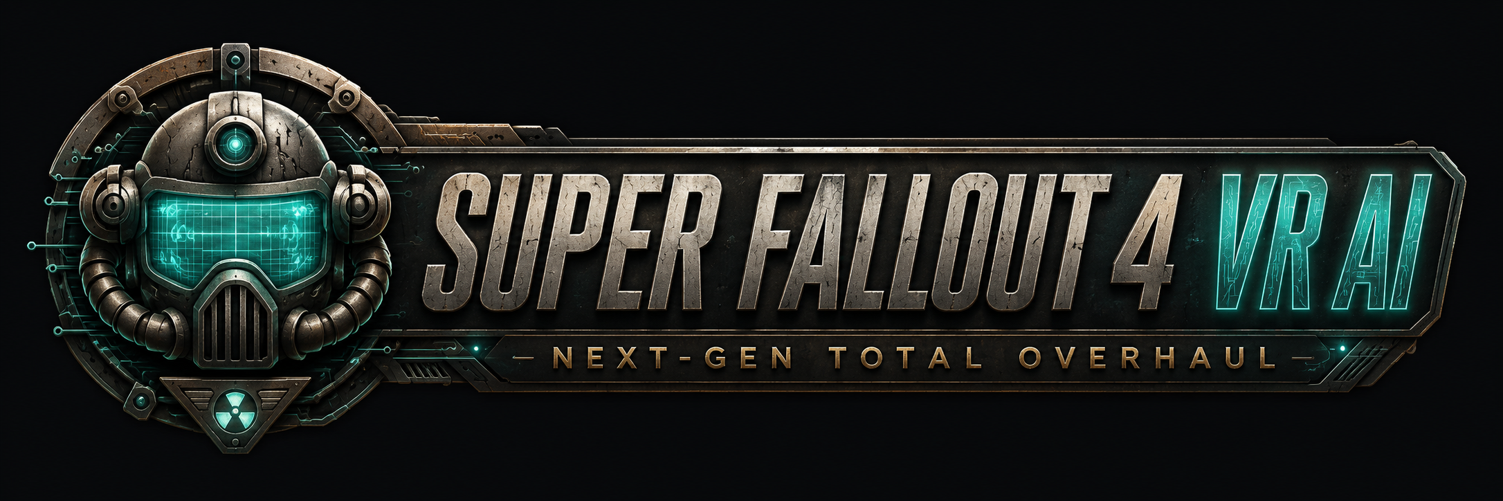 Futuristic video game logo for 'Super Fallout 4 VR' with a robotic helmet and digital elements.