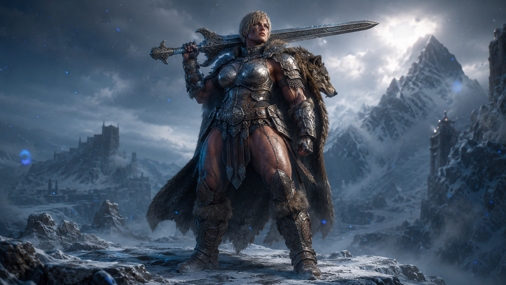 A female warrior in ornate armor holding a sword, standing in a snowy mountain landscape with a castle in the distance.