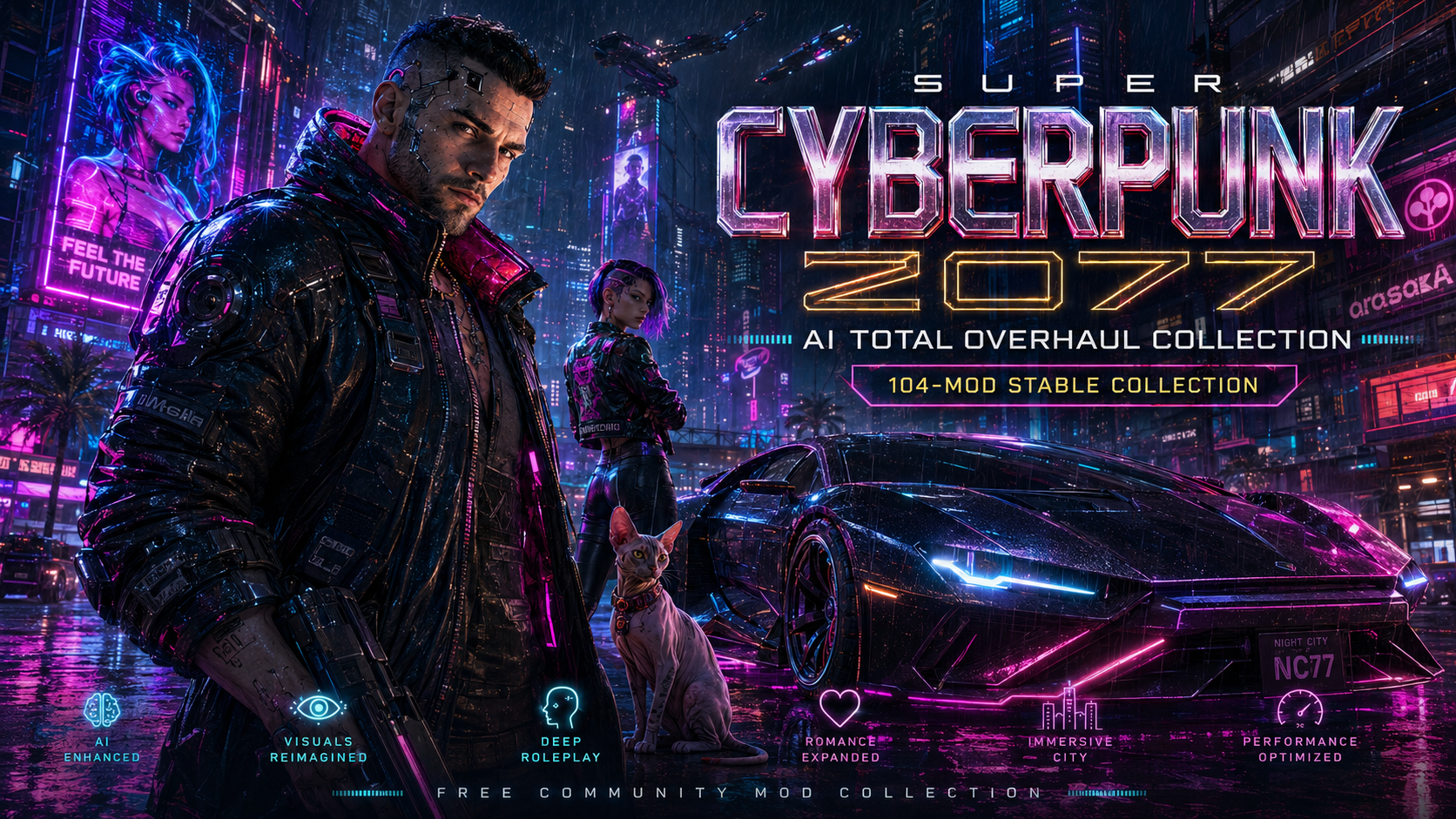 Futuristic cyberpunk cityscape at night with neon lights, featuring two characters, a man and a woman, dressed in cyberpunk attire, a sleek black sports car, a cat, and digital advertisements, with the text "Super Cyberpunk 2077 AI Total Overhaul Collection" and icons representing features like AI enhancement, visual reimagining, deep roleplay, romance expanded, immersive city, performance optimized, and free community mod collection.
