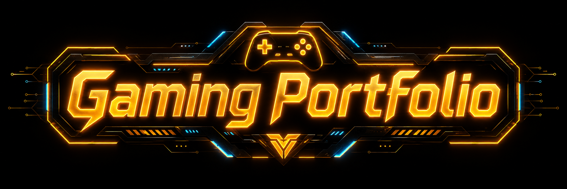 Neon style gaming logo with the text 'Gaming Portfolio' in yellow with a dark background, featuring a game controller icon at the top center.