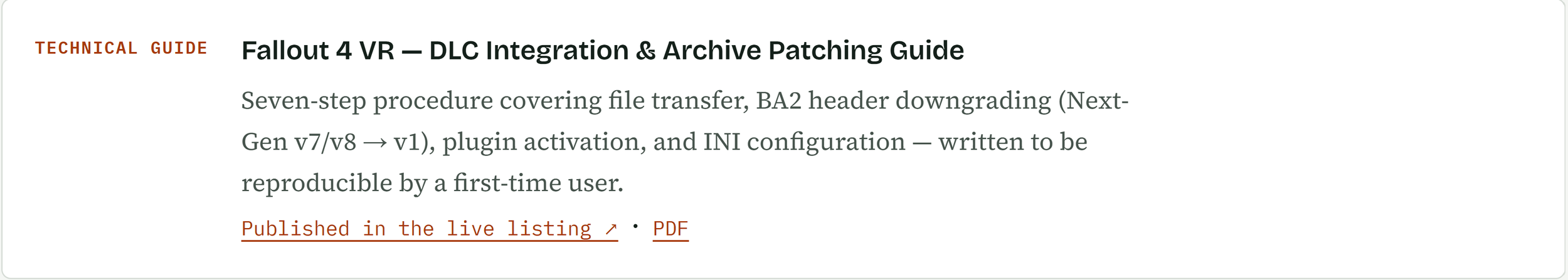 Screenshot of a technical guide titled 'Fallout 4 VR -- DLC Integration & Archive Patching Guide,' describing a seven-step process for file transfer, header downgrading, plugin activation, and INI configuration, with a link to a PDF version.
