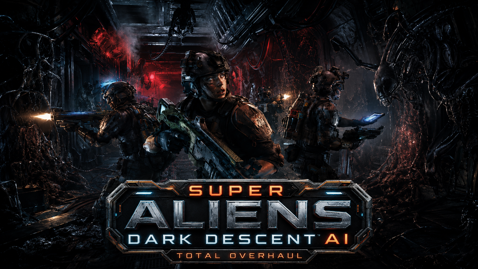 Futuristic scene with soldiers in advanced armor and helmets, holding weapons, inside a dark, high-tech environment with glowing red and blue lights. The image includes the title "Super Aliens Dark Descent AI" and the subtitle "Total Overhaul."