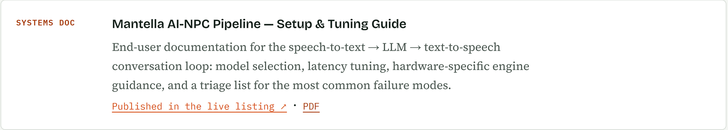 Screenshot of a technical documentation webpage for Mantella AI-NPC Pipeline setup and tuning guide, including details on speech-to-text, text-to-speech, model selection, latency tuning, hardware guidance, and failure mode triage.
