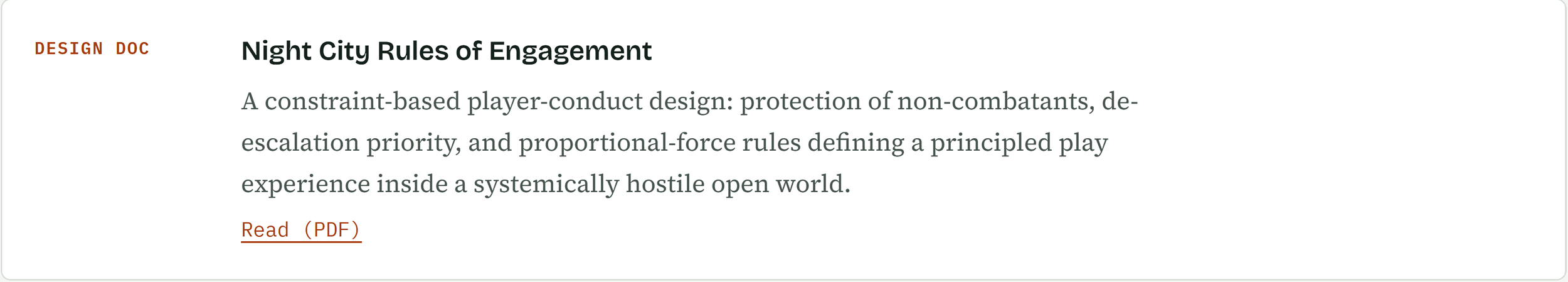 Screenshot of a webpage titled 'Night City Rules of Engagement' discussing a constraint-based player conduct design for a hostile open world game.