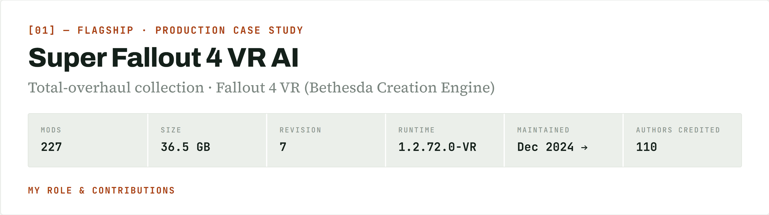 Screenshot of a webpage titled 'Super Fallout 4 VR AI' with details about a mod collection for Fallout 4 VR, including number of mods, size, revision, runtime, maintenance date, and authors credited.