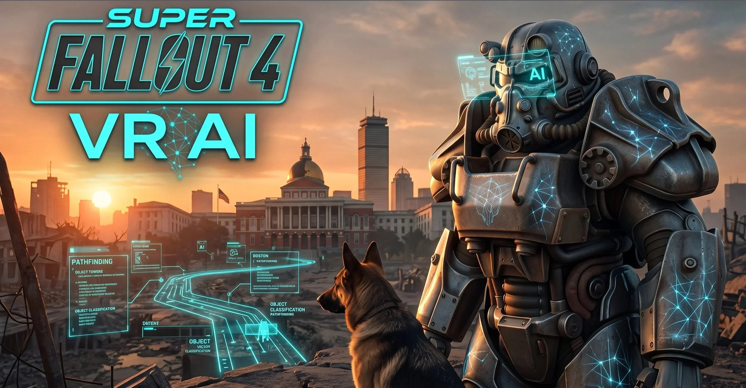 A humanoid robot with a futuristic design standing beside a German shepherd dog against an urban sunset background with historical and modern buildings. The scene features digital overlays, holographic screens, and interface elements related to AI and object classification from the video game 'Super Fallout 4 VR'.