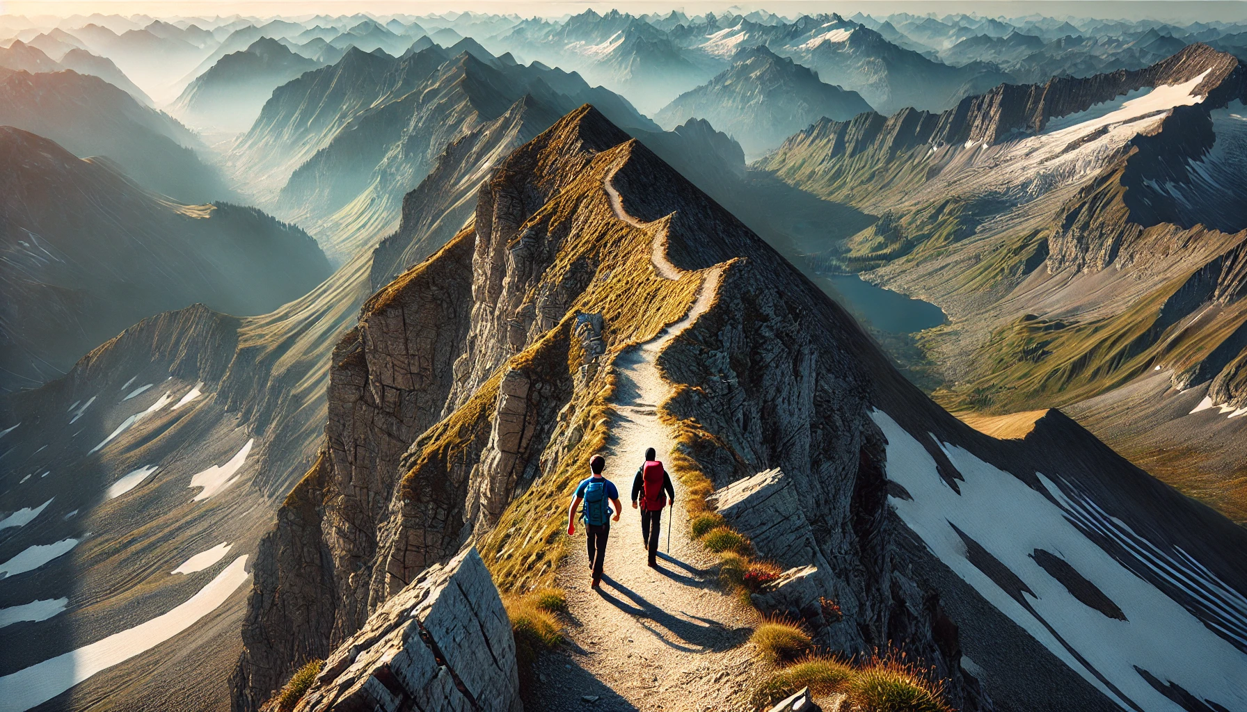 DALL·E 2025-01-06 14.28.56 - A horizontal image showcasing two hikers walking along a narrow mountain ridge trail in the Alps on a sunny day. The hikers, dressed in colorful outdo.png