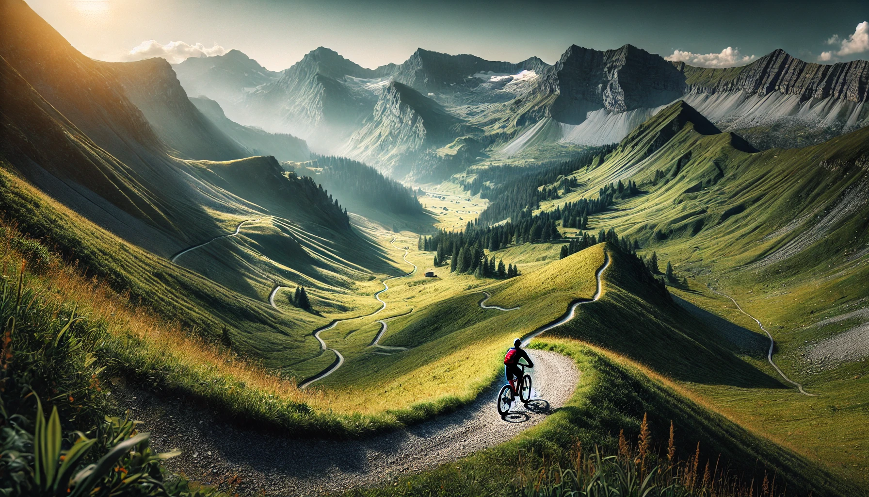 DALL·E 2025-01-24 16.29.25 - A panoramic view of a mountain biker riding on a scenic trail in the Swiss side of the Portes du Soleil region, surrounded by breathtaking alpine view.png