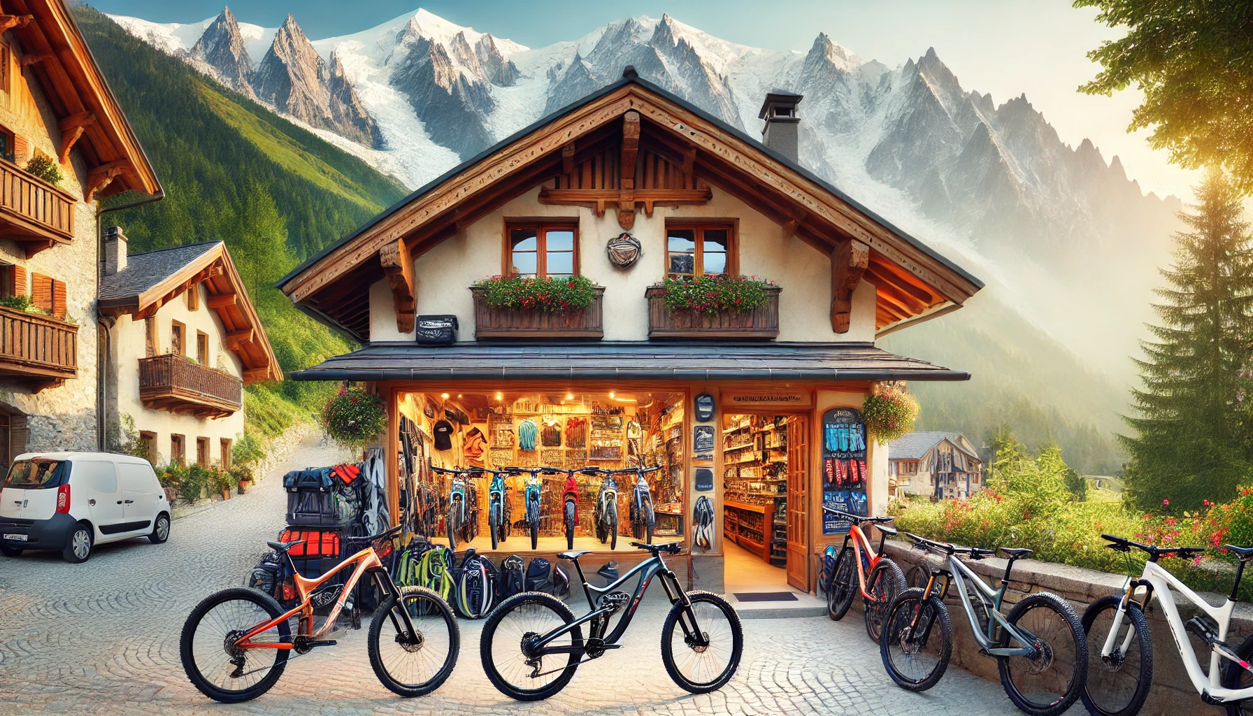 DALL·E 2025-01-07 14.24.31 - A horizontal photo of a mountain bike shop in Chamonix Mont Blanc, featuring a charming alpine-style building with wooden architecture. The shop displ.png