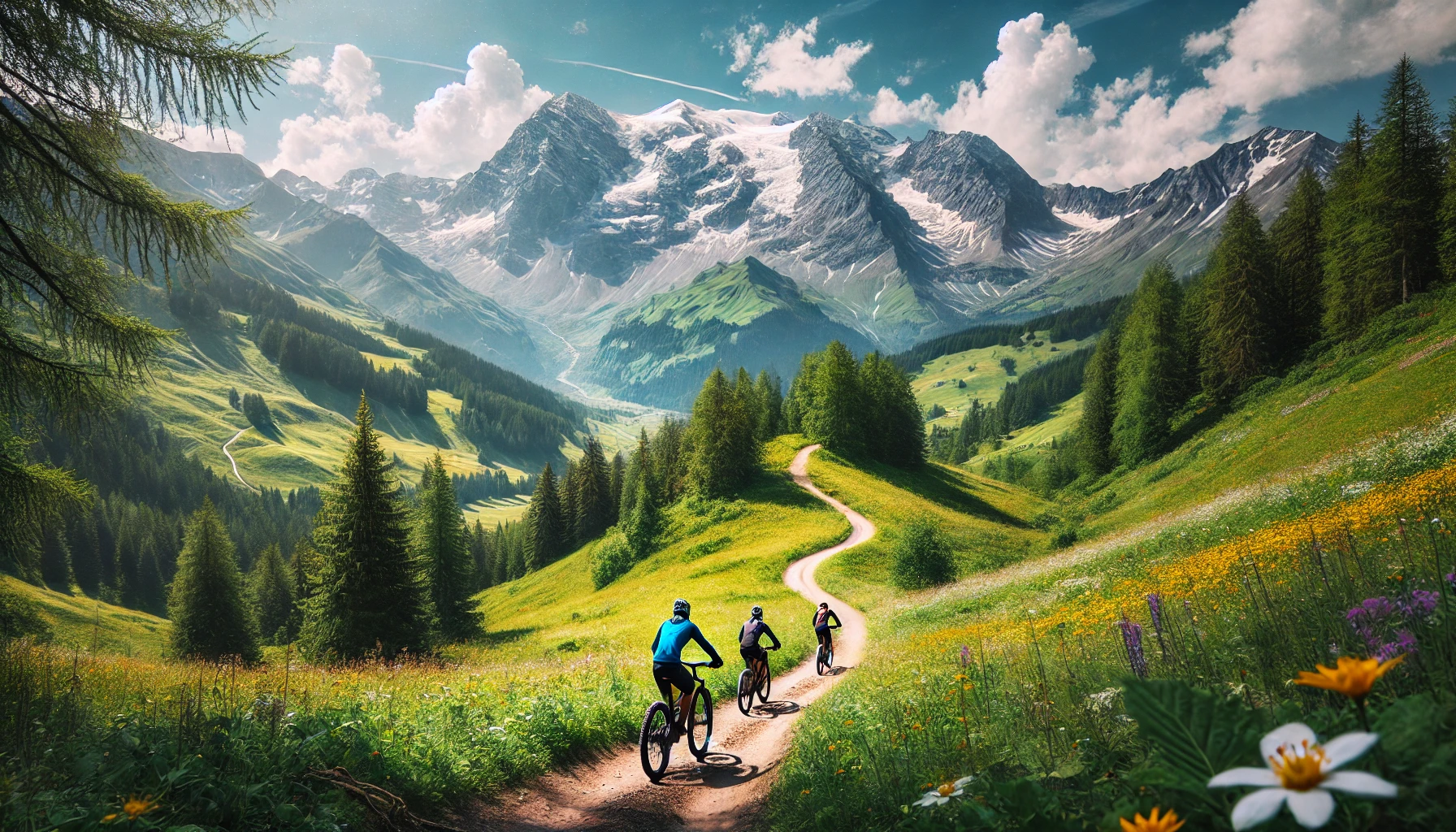 DALL·E 2025-01-06 10.50.15 - A stunning horizontal view of three people riding mountain bikes on a cross-country trail in the Alps. The trail winds through lush green meadows, vib.png