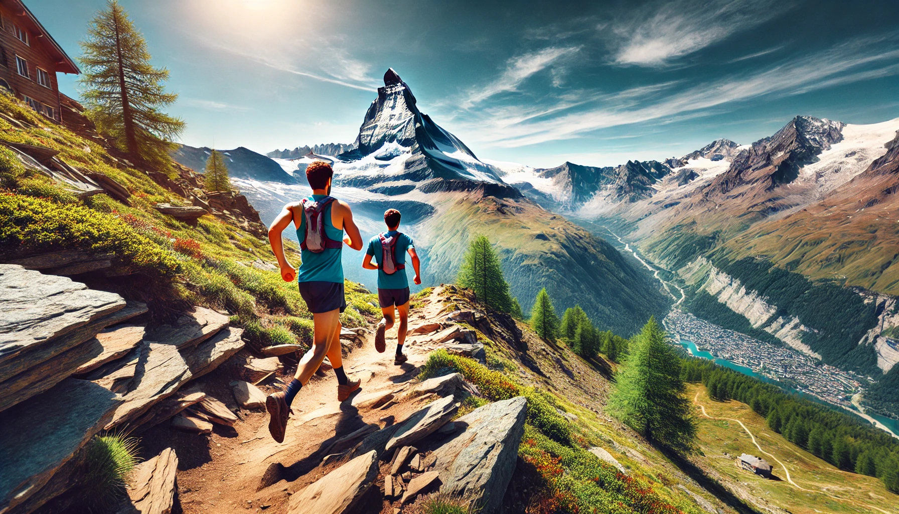 DALL·E 2024-12-24 12.44.53 - A scenic image of two trail runners on a mountain trail in Zermatt with the iconic Matterhorn in the background. The runners, dressed in modern trail .png