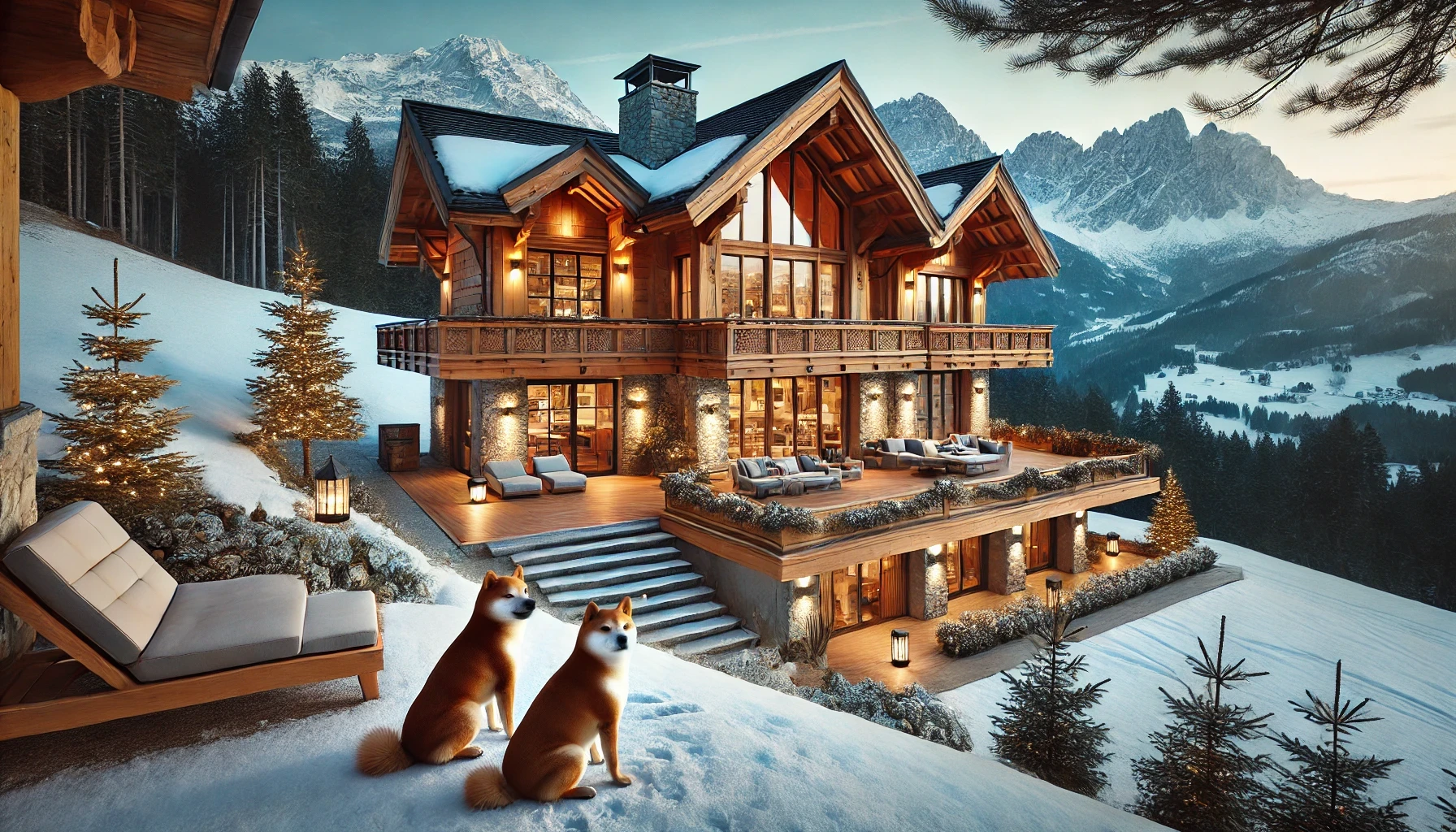 DALL·E 2025-01-24 15.59.36 - A luxurious chalet in the Alps with a rustic yet elegant design, featuring wooden and stone exteriors and large windows overlooking a panoramic snowy .png